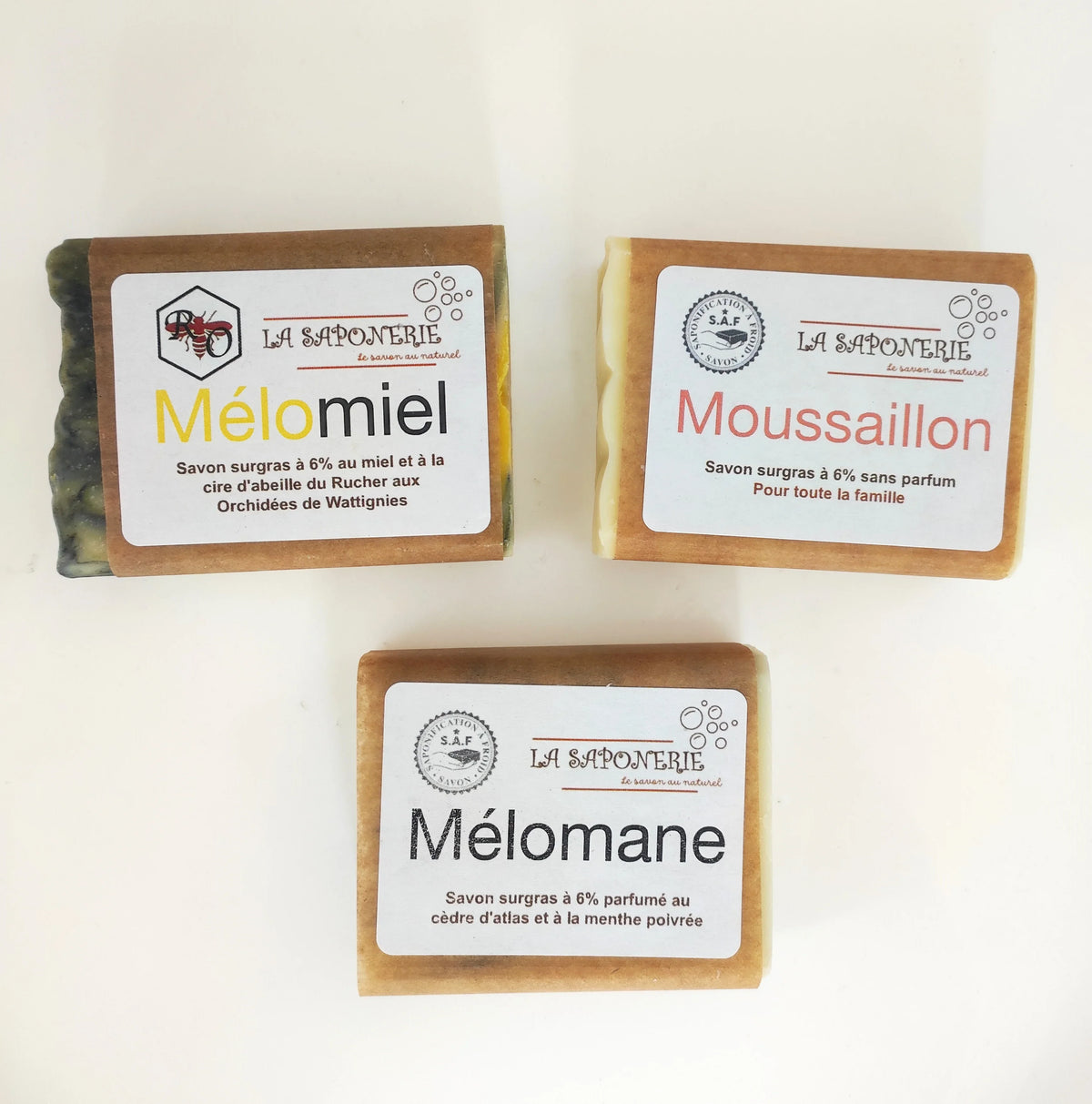 Coffret de 3 savons artisanaux La Saponerie : Mélomiel, Moussaillon sans parfum et Mélomane.