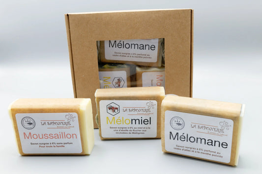 Savon artisanal Moussaillon de La Saponerie, surgras à 6%, naturel et sans parfum, et coffret de savons.