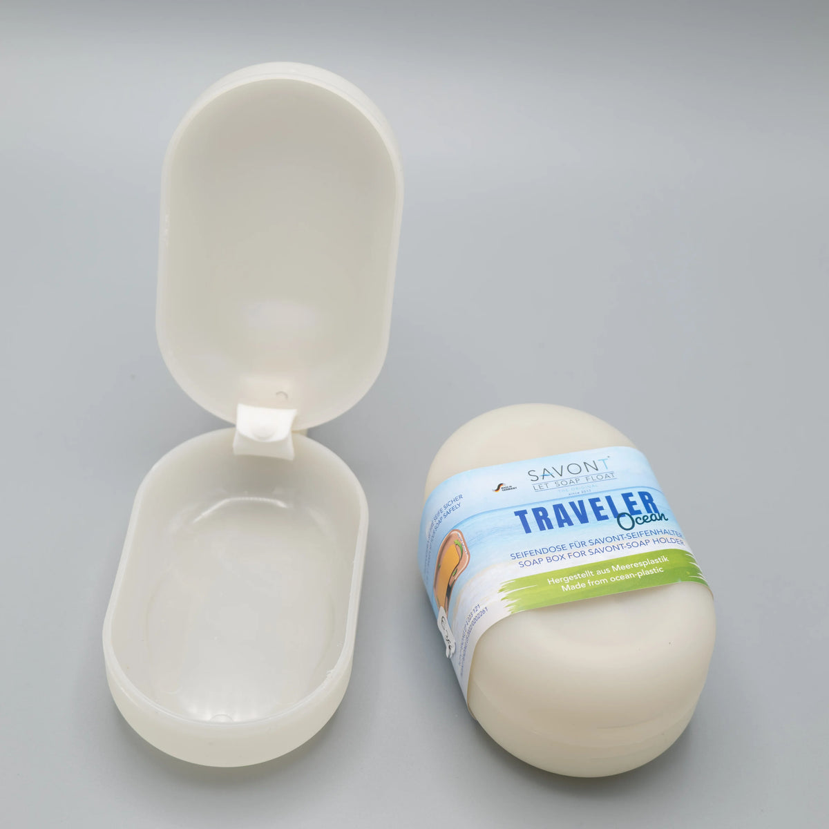 Savon artisanal Moussaillon de La Saponerie et boîte savont en plastique marin recyclé.