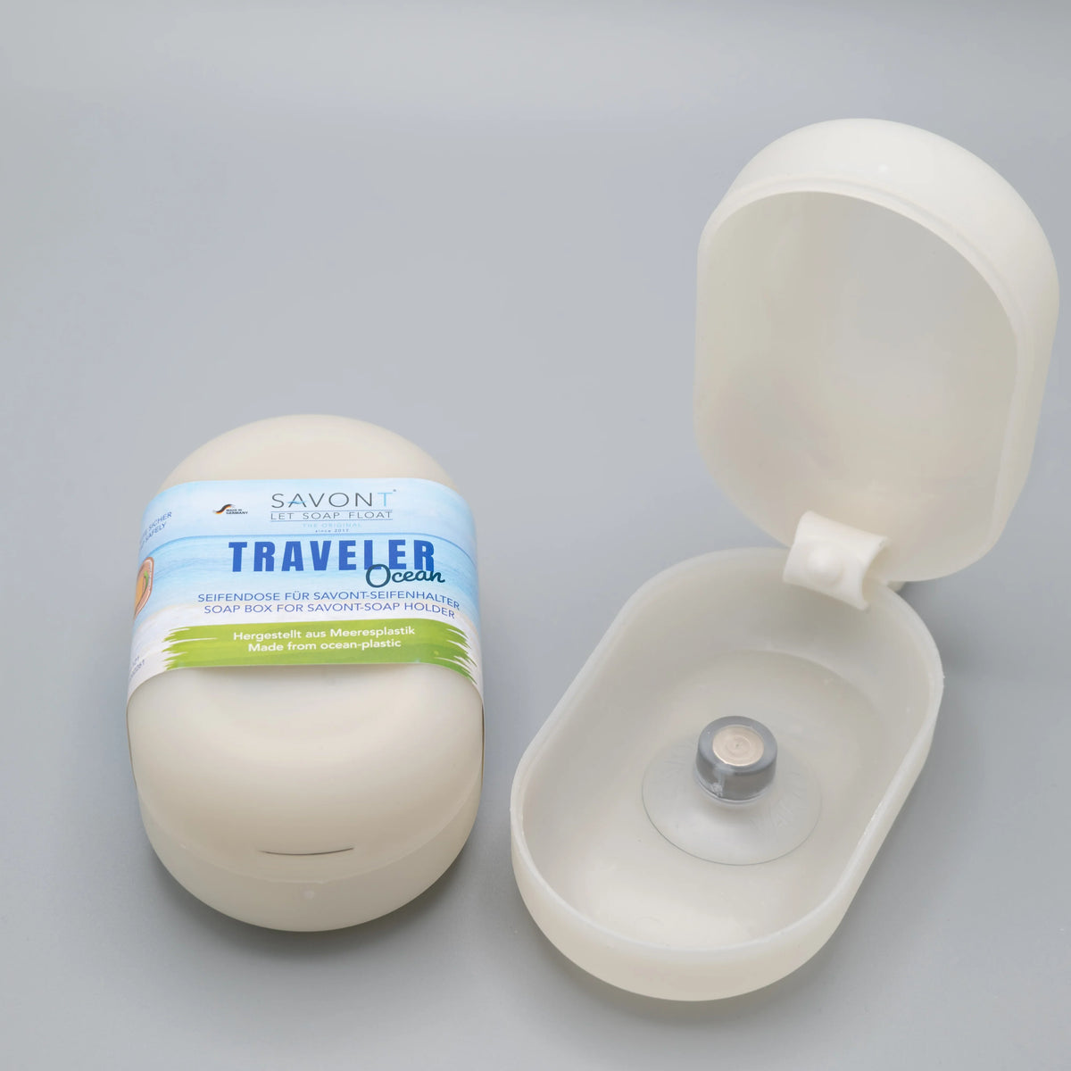 Boîte à savon en plastique marin recyclé SAVONT Traveler Ocean avec porte-savon aimanté.