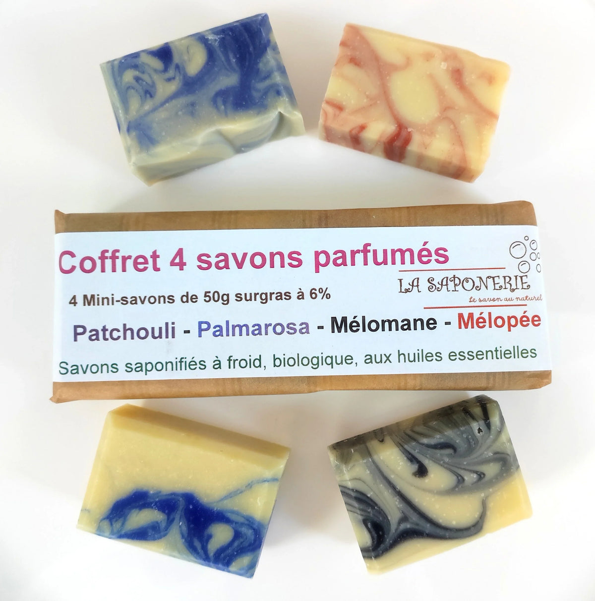 Coffret de 4 mini-savons parfumés La Saponerie, saponifiés à froid et surgras à 6%