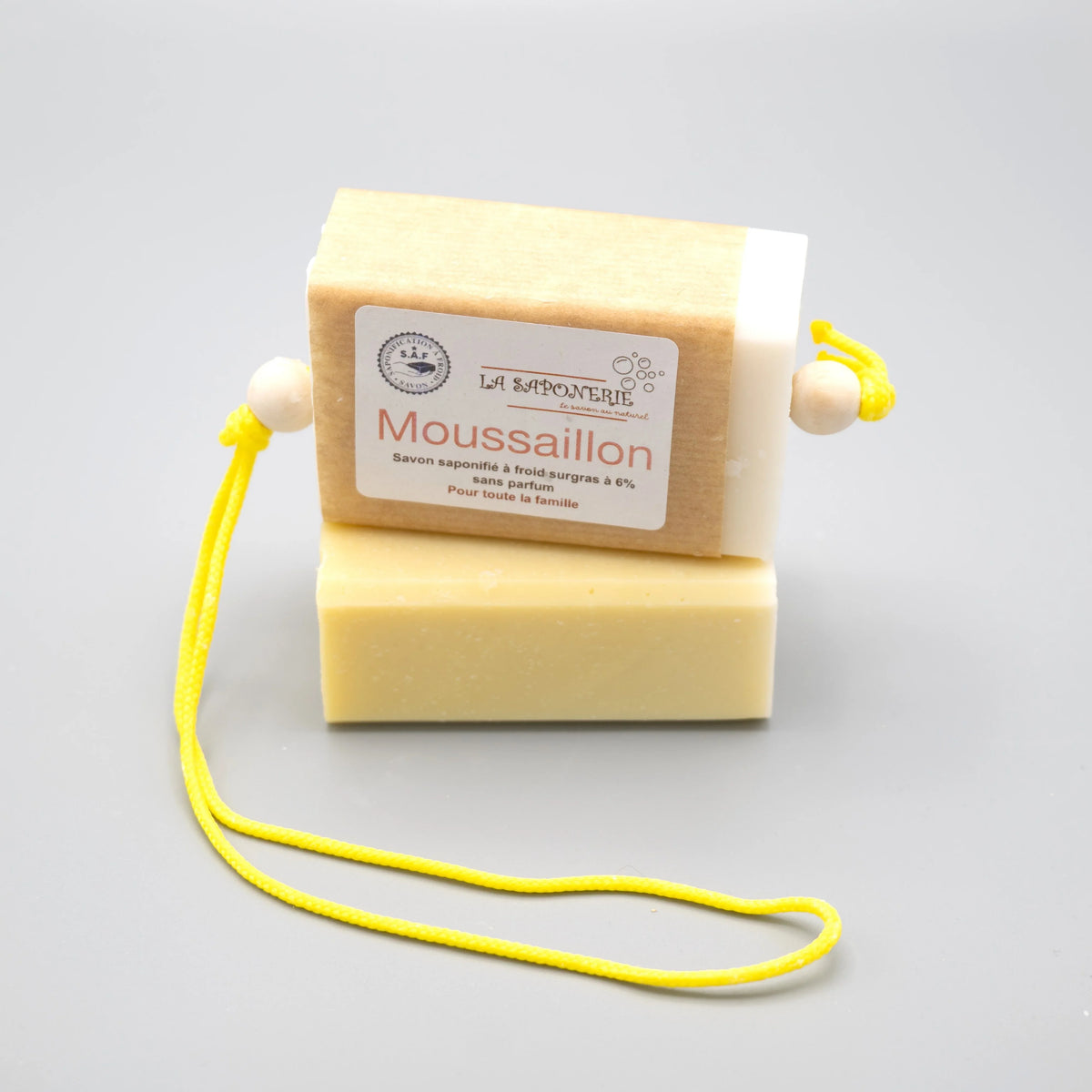 Savon artisanal Moussaillon de La Saponerie, surgras à 6%, naturel et sans parfum.